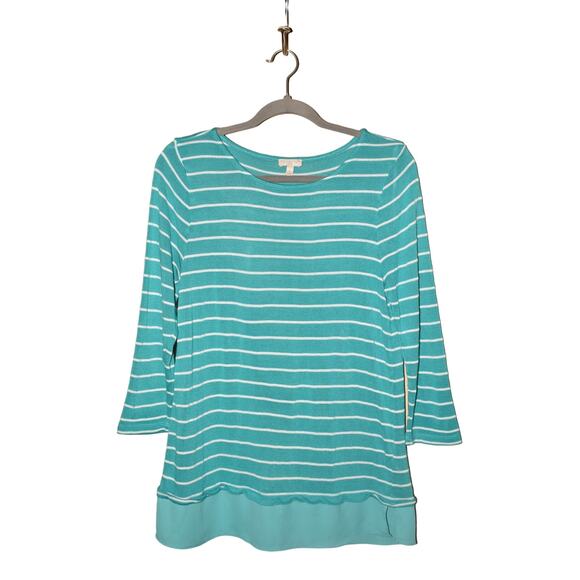 TALBOTS $80 Teal Striped 3/4 Sleeve Crewneck Tunic top w/ Layered Hem Small - Picture 1 of 3